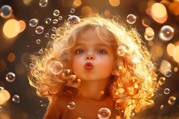 A close-up of a child blowing bubbles, their wide eyes filled with wonder and delight