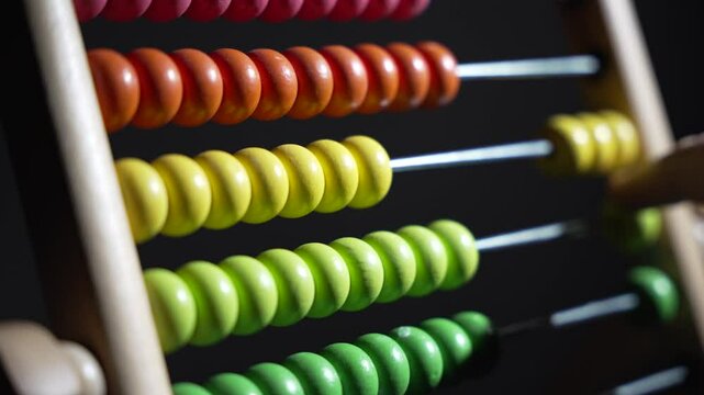 A man counts on a wooden abacus. A wooden abacus with colored beads on it. The beads are in different colors and are arranged in a row
