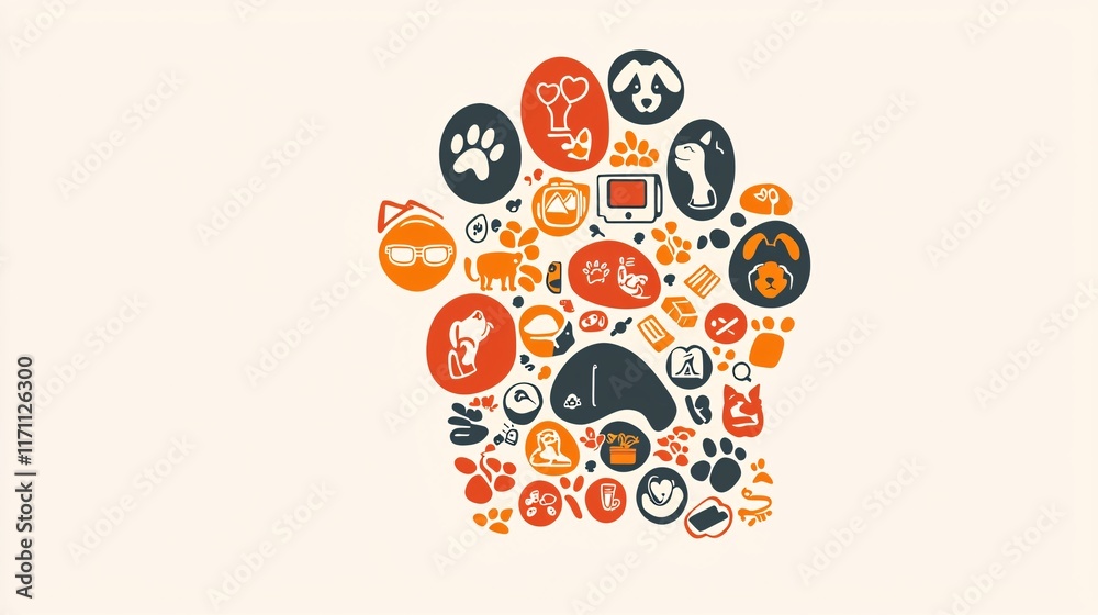 Poster pet insurance plans creative illustration of a paw print filled with icons representing different co