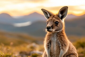 Fototapeta premium A close-up of a kangaroo face, showcasing its soft fur and intelligent eyes, with a blurred natural background