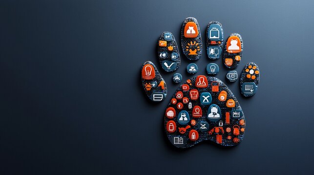 Pet Insurance Plans creative illustration of a paw print filled with icons representing different coverage options Stock Photo with side copy space