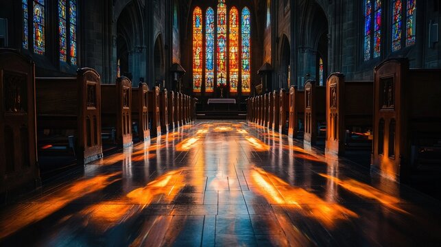 Sunlit Church Interior with Stained Glass Reflections - Serene Worship Space and Vibrant Sacred Architecture