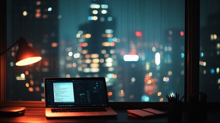 A cozy workspace with a laptop, overlooking a cityscape at night.