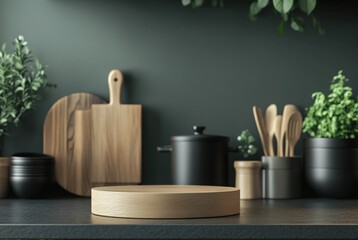 Small, round product podium in the foreground with a modern kitchen setup in the background, ideal for clean and minimalistic product displays.