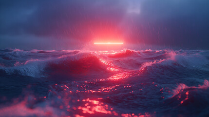 Obraz premium Majestic Ocean Waves Crashing Under Dramatic Sunset Sky Illuminated by Vibrant Colors. Generative AI