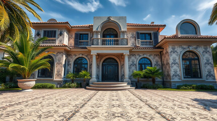 Large, two-story Mediterranean-style house with stone facade, arched windows and entryway, terracotta roof, and a central balcony.  Landscaped front yard with palm trees and paved driveway.