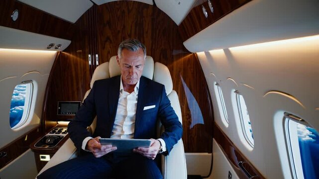 Wealthy entrepreneur reviewing plans mid-flight