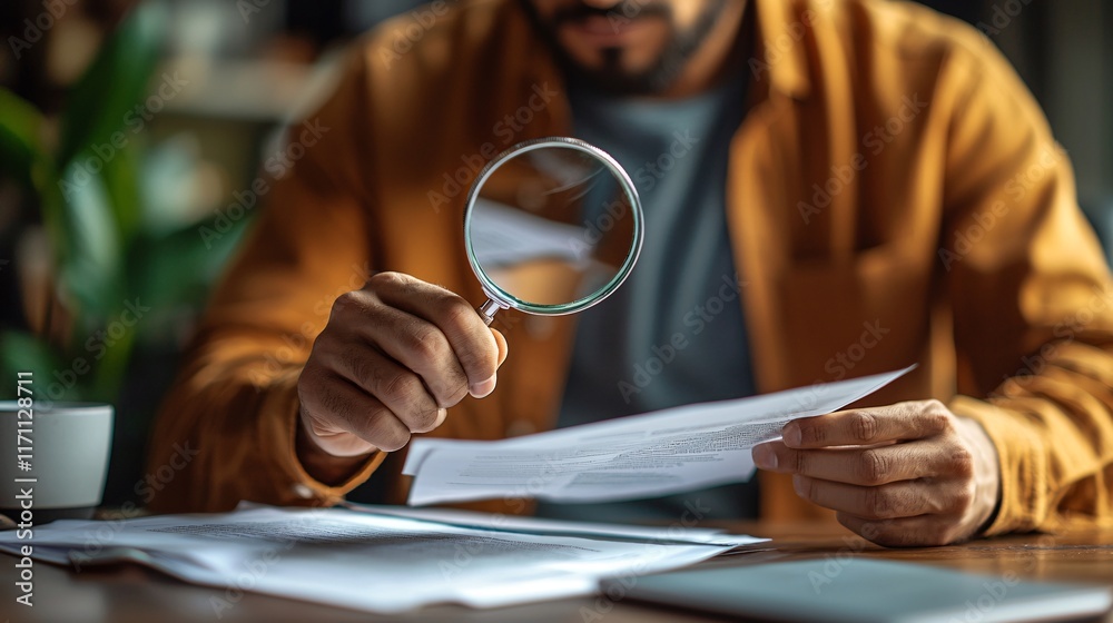 Poster insurance risk assessment focused individual using a magnifying glass to examine fine print in a pol