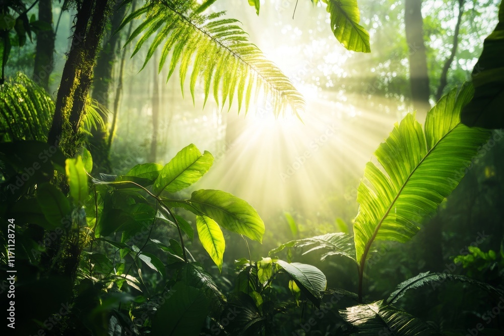 Poster a dense jungle with tall trees, thick underbrush, and sunlight filtering through the canopy, creatin