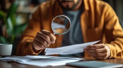 Insurance Risk Assessment focused individual using a magnifying glass to examine fine print in a policy document Stock Photo with side copy space
