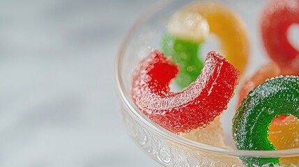 Colorful Jelly Candy Rings in a Clear Glass Bowl on a Light Marble Surface