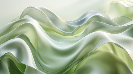 Obraz premium Flowing Green Fabric Waves on Minimalistic Light Green Background. Generative AI