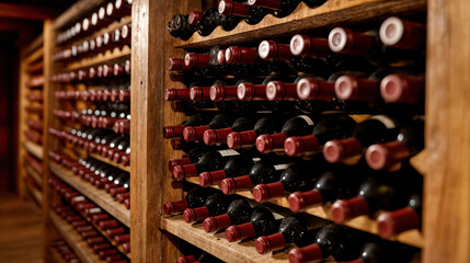 Wine bottles aging on wooden shelves in a wine cellar