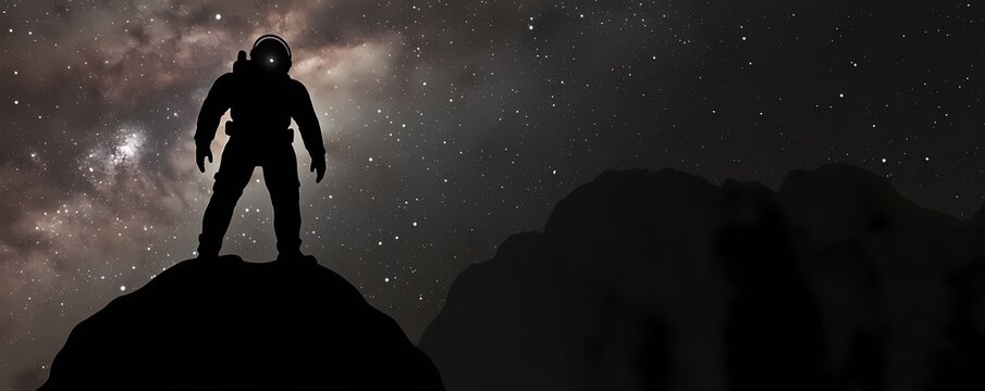 Silhouetted Astronaut Standing on an Asteroid in Space