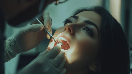 A dental professional examines a patient's mouth with tools in a clinical setting.