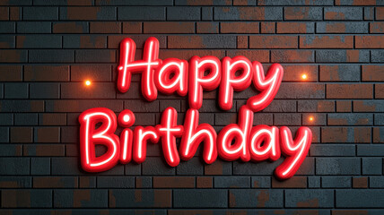 Obraz premium Happy birthday graffiti concept, Happy Birthday neon sign on brick wall, celebrating joyfully