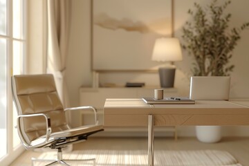 Modern minimalist home office workspace with a light beige color scheme.