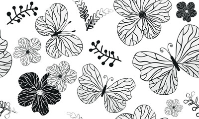 Vector floral seamless simple black and white pattern design for textile and surface pattern on transparent background
