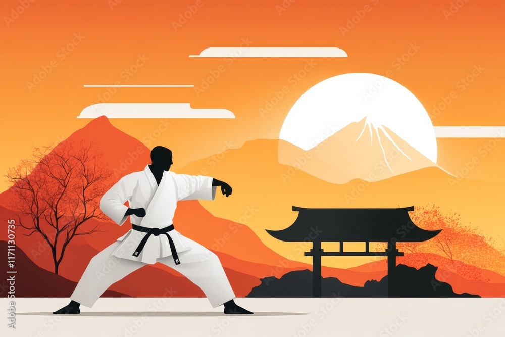 Aufkleber A flat 2D design of a karateka practicing in front of a dojo gate, with vibrant colors and simple shapes