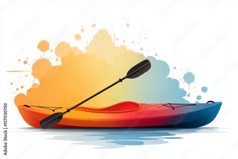 Poster a flat design of a brightly colored kayak with a paddle, set against a simple blue background repres
