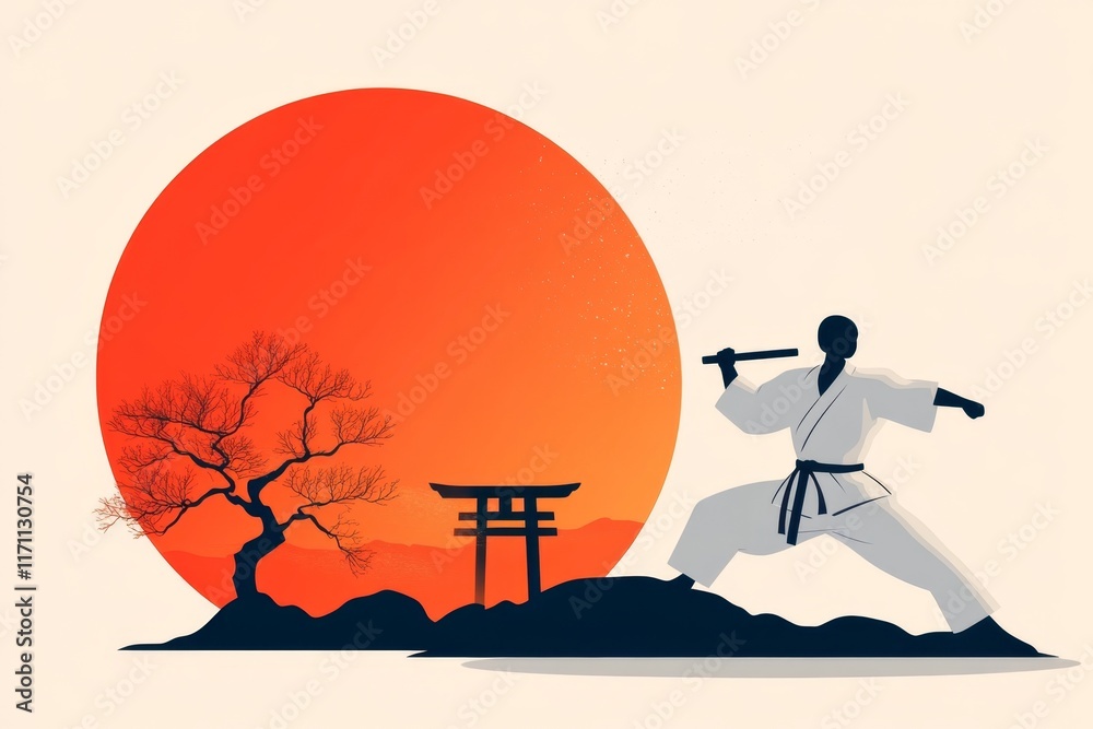Poster A flat 2D design of a karateka practicing in front of a dojo gate, with vibrant colors and simple shapes