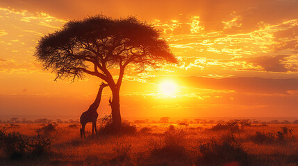 Tall beautiful giraffe walking in African savannah at sunset. Saving giraffes in the wild in savannah.