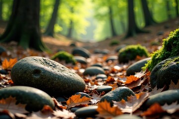 Smooth rounded stones on a forest floor with fallen leaves, forest atmosphere, , stone formations