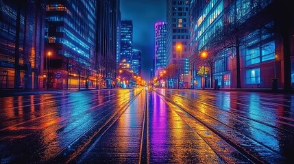 Obraz premium A city street at night, illuminated by neon lights and skyscrapers, with reflections on the wet pavement.