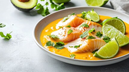 Fresh Salmon Fillet with Citrus Sauce and Herb Garnish on Modern Plate