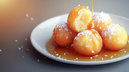 Golden Fried Dough Balls Drizzled with Maple Syrup and Dusting of Powdered Sugar