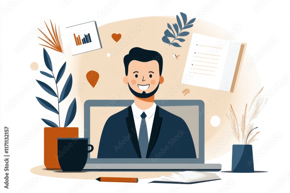 Aufkleber A flat design of a virtual interview on a laptop screen, with a smiling interviewer on the screen and notes around it