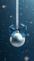 Silver Christmas ornament, teal blue ribbon, elegant bow, delicate snowy blue background.