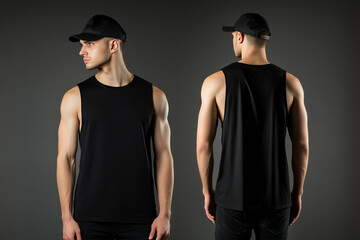 man wearing a black sleeveless t-shirt tank top mockup front and back used as a design template