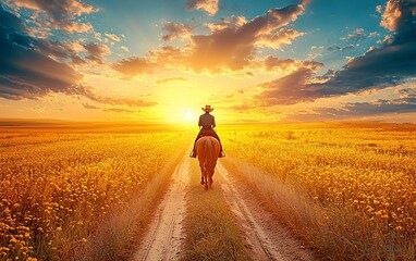 Cowboy riding horse at sunset across field.