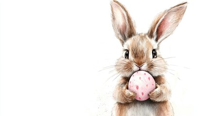 Obraz premium A cute brown bunny clutching a pastel pink Easter egg, displayed against a simple white background for a cheerful holiday theme.