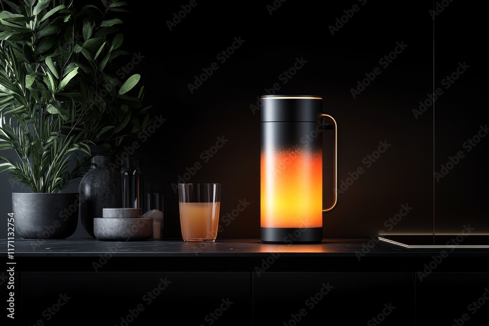 Poster a futuristic juice dispenser with holographic labels and glowing liquids in neon colors, placed in a