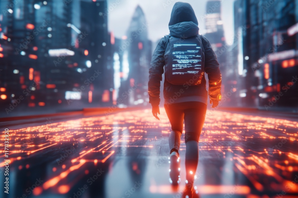 Poster a futuristic scene of a jogger wearing smart tech running gear, jogging on a glowing digital track i