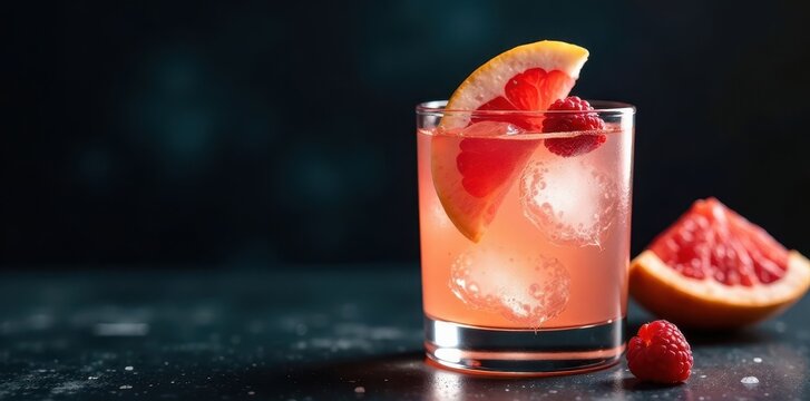 Glass of gin tonic with grapefruit slice and raspberry garnish on dark background, beverage, drink
