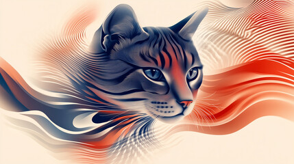 Stylized cat with intricate striped patterns in shades of red and blue