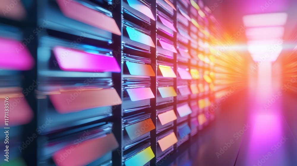 Poster futuristic data storage system with colorful lights and high-tech design elements