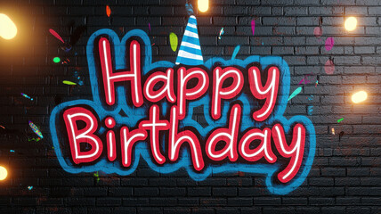 Happy birthday graffiti concept, Happy Birthday graffiti art on vibrant urban wall with colorful splashes