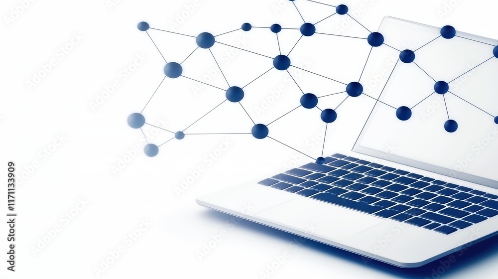 Poster laptop with abstract network connections and data flow in digital environment