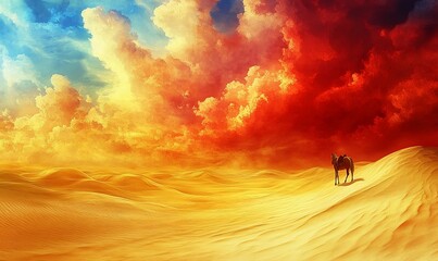 Camel traversing desert dunes under vibrant sunset, ideal for travel or nature themes