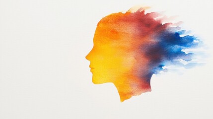 Creative watercolor silhouette of a woman's profile with flowing colorful hair