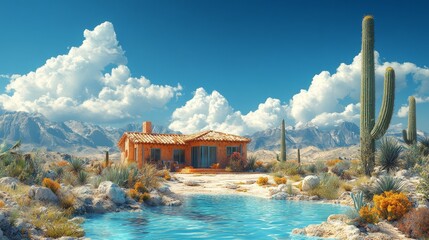 Fototapeta premium Desert house, cacti, mountains, blue water, sunny day.
