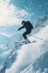 Happy skier skiing in winter.