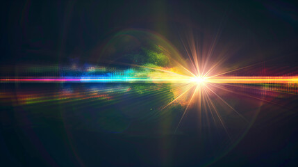Prismatic light leaks with rainbow bokeh on dark background. Modern artistic design, abstract technology, digital effects.
