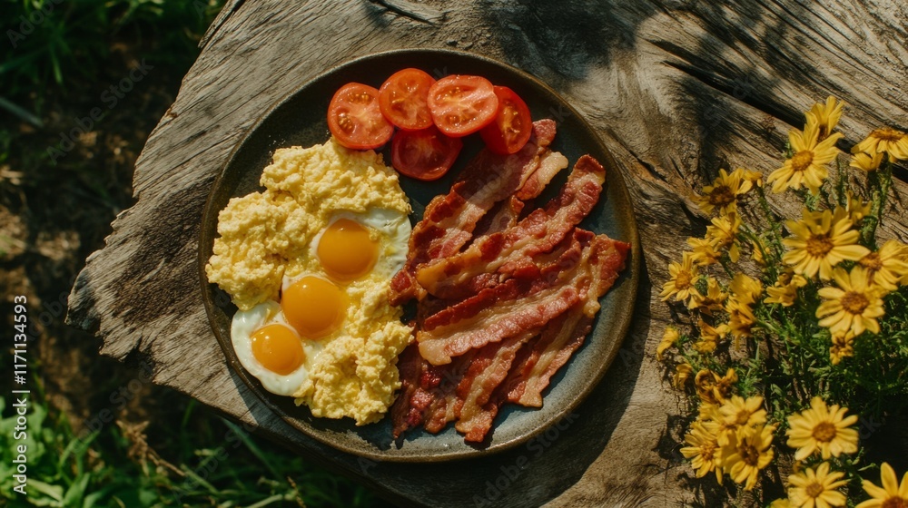 Poster A plate of bacon next to scrambled eggs and freshly sliced tomatoes, creating a hearty breakfast spread on a wooden table.
