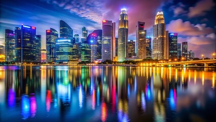 Naklejka premium Singapore Marina Bay Night Skyline Panorama - Modern Skyscrapers & City Lights