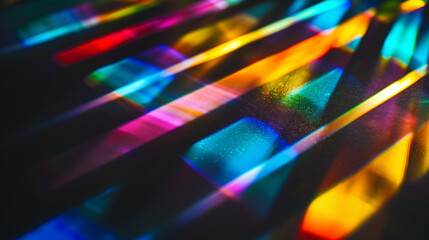 Prismatic light leaks with rainbow bokeh on dark background. Modern artistic design, abstract technology, digital effects.